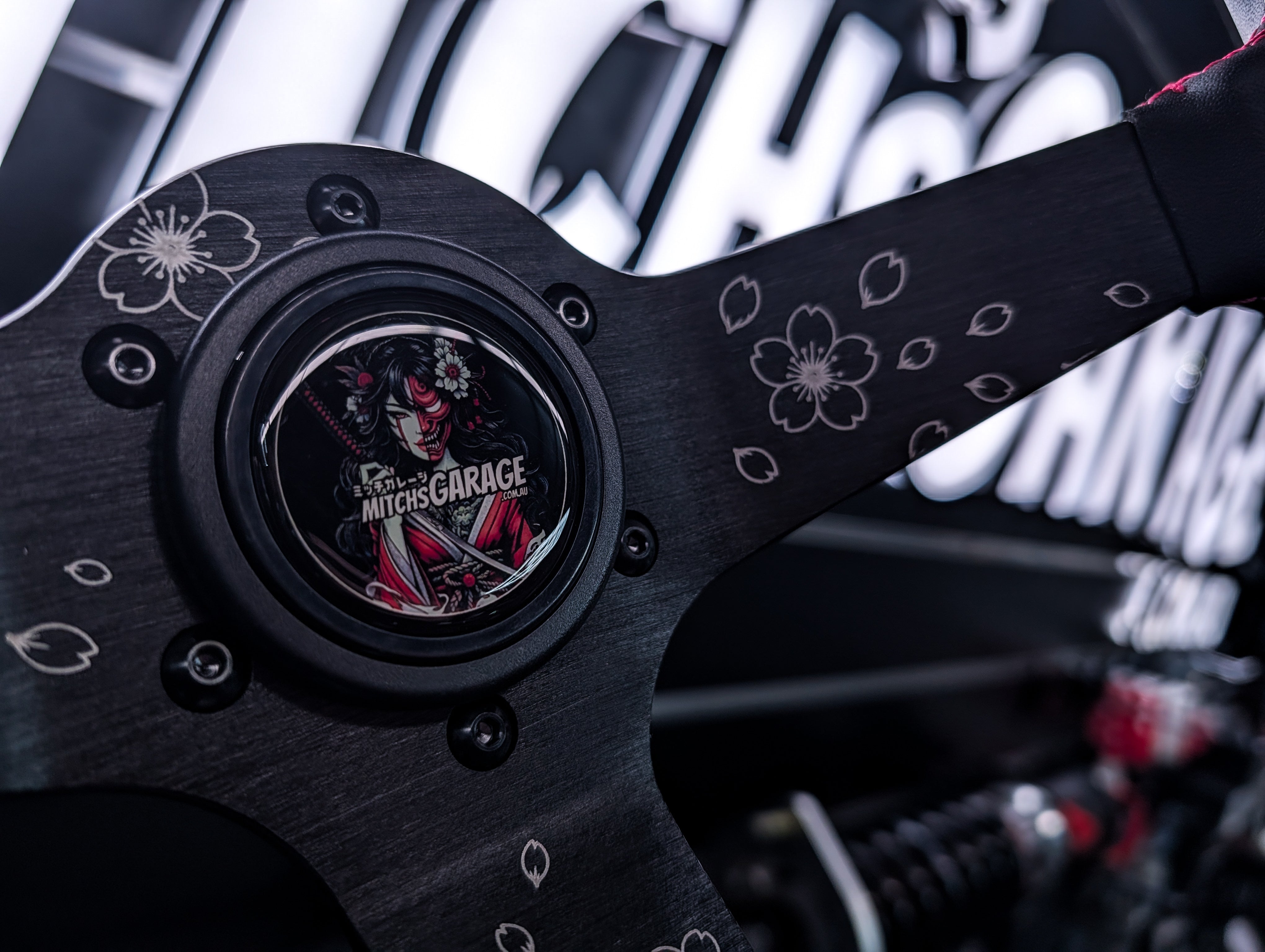 SAKURA Cherry Blossom Lazer Etched Pink Stitched Deep Dished Leather Steering Wheel