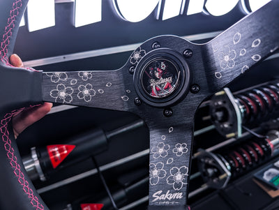 SAKURA Cherry Blossom Lazer Etched Pink Stitched Deep Dished Leather Steering Wheel