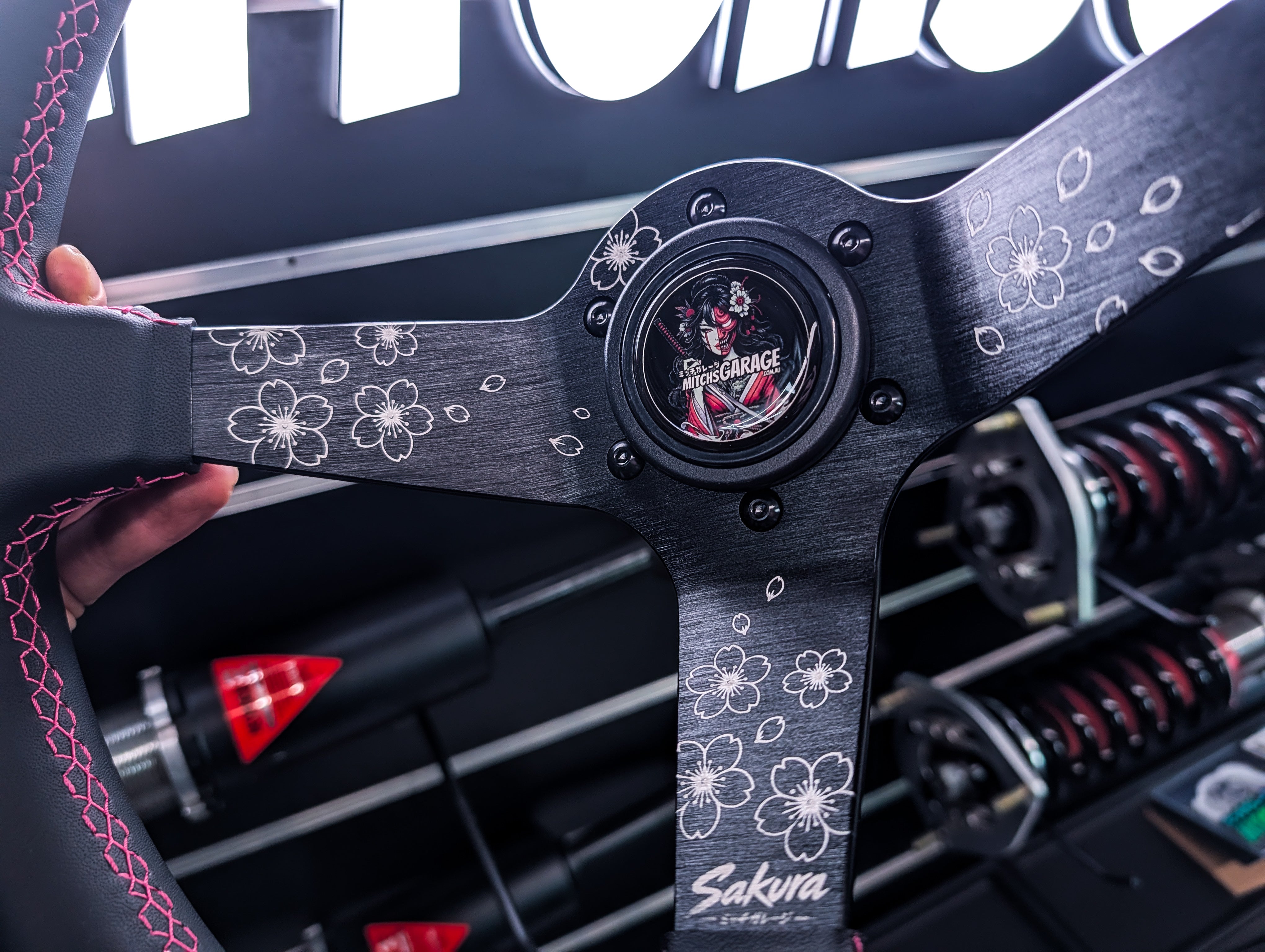 SAKURA Cherry Blossom Lazer Etched Pink Stitched Deep Dished Leather Steering Wheel