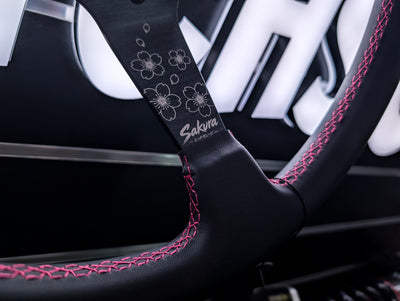 SAKURA Cherry Blossom Lazer Etched Pink Stitched Deep Dished Leather Steering Wheel
